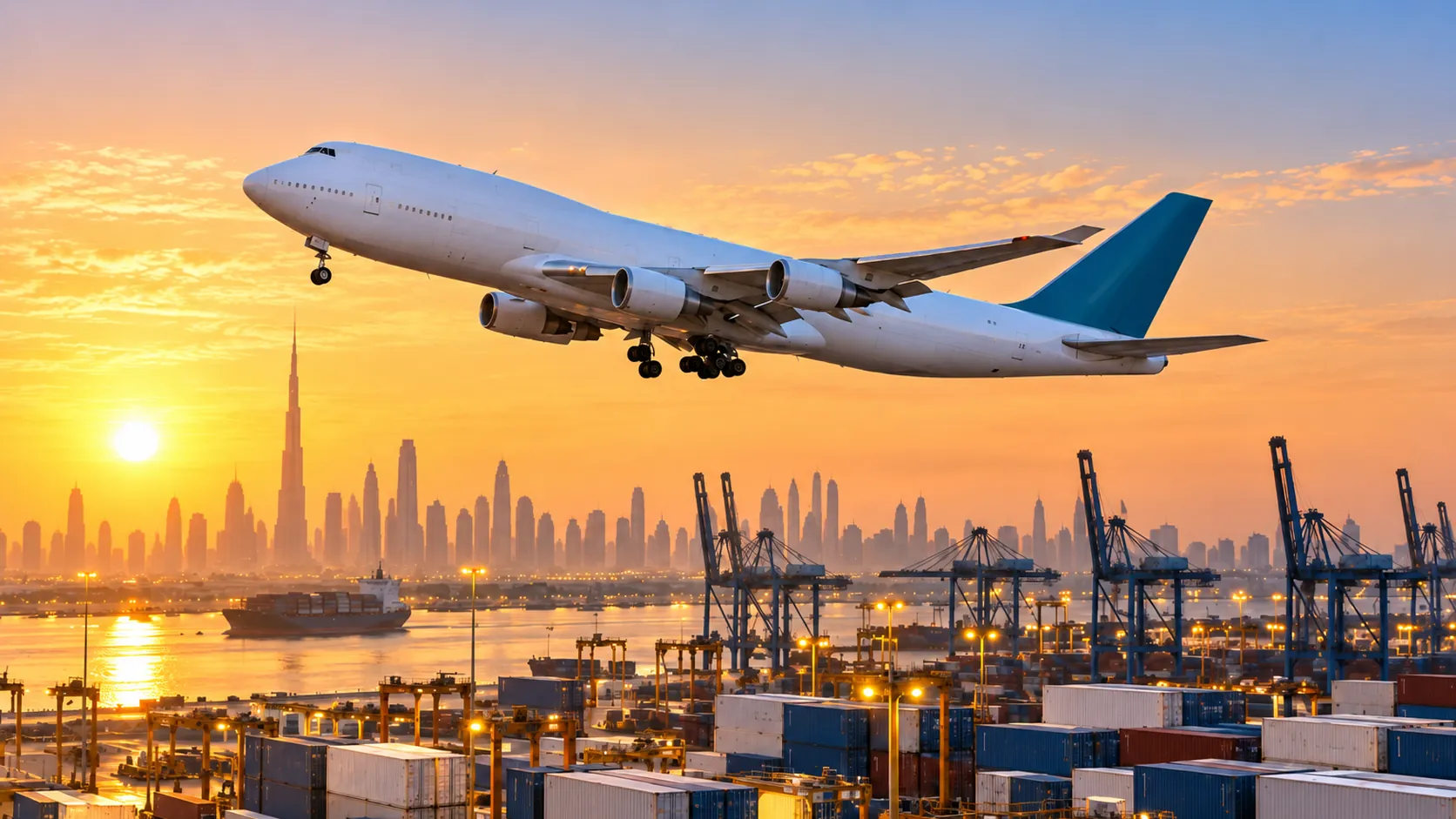 A freighter climbing over Dubai's container port at sunset