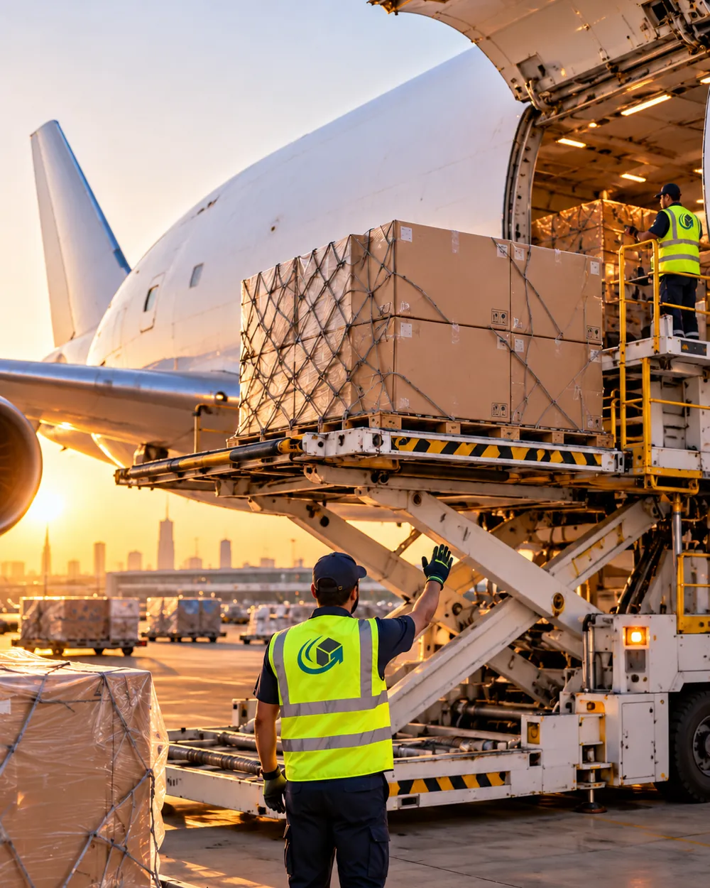 A cargo pallet being raised into a freighter