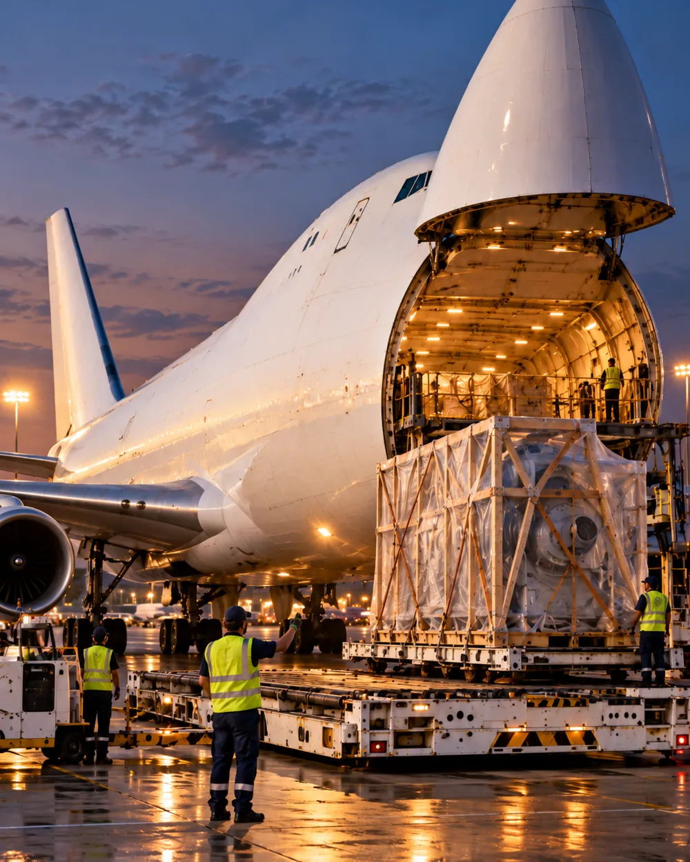 A chartered freighter with its nose door open