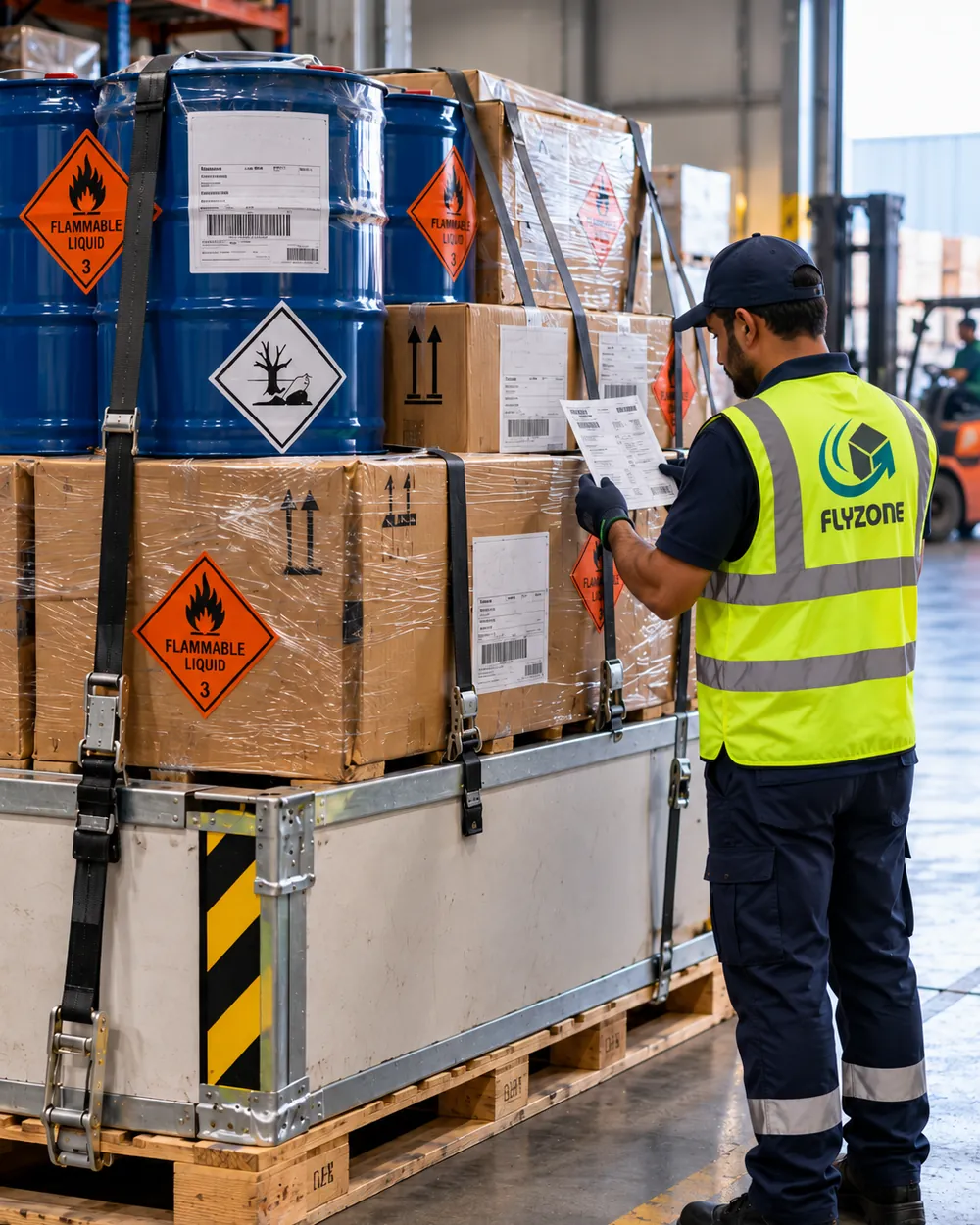 Labelled dangerous goods drums strapped to a pallet