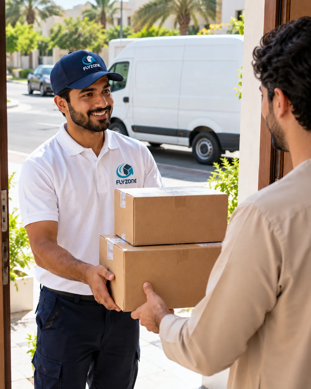 Flyzone courier delivering cartons to a customer's door