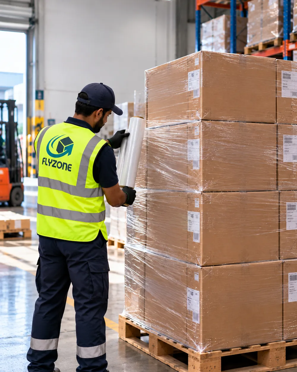 A pallet of cartons being stretch-wrapped in the warehouse