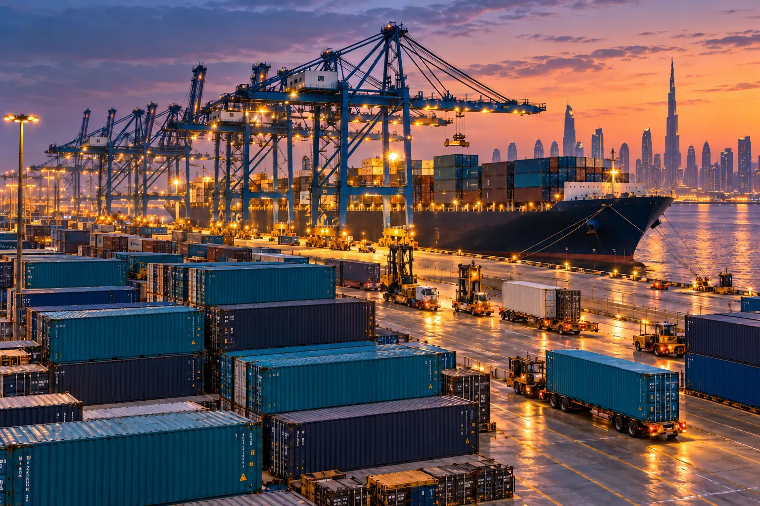 Containers and gantry cranes on the Dubai coast at dusk