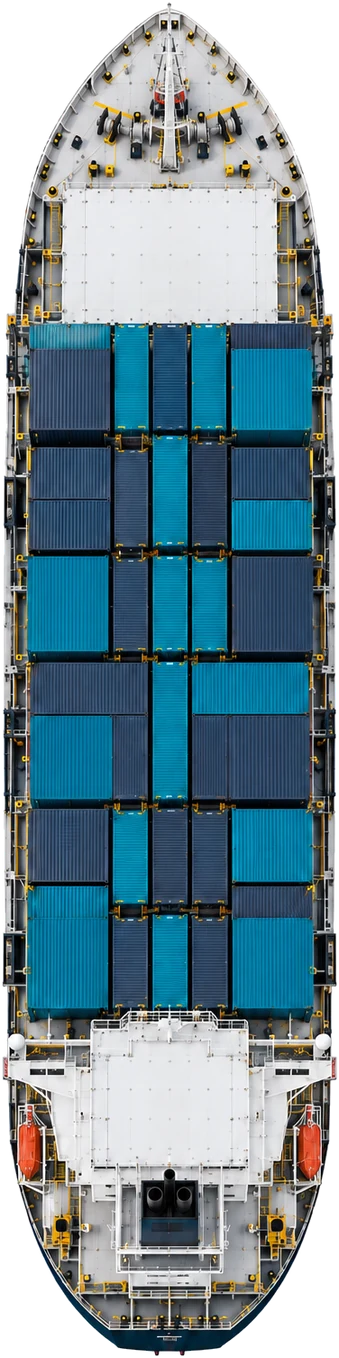 Top-down view of a container ship loaded bow to stern