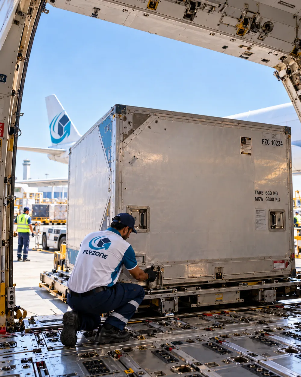 An air cargo container rolled aboard a freighter