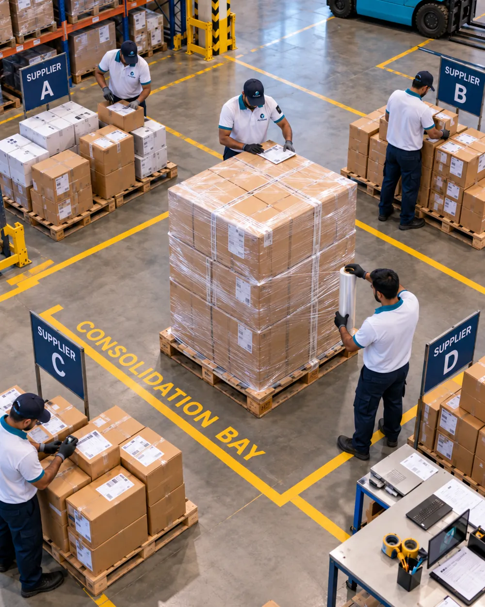 Supplier cartons merged into one pallet in the consolidation bay