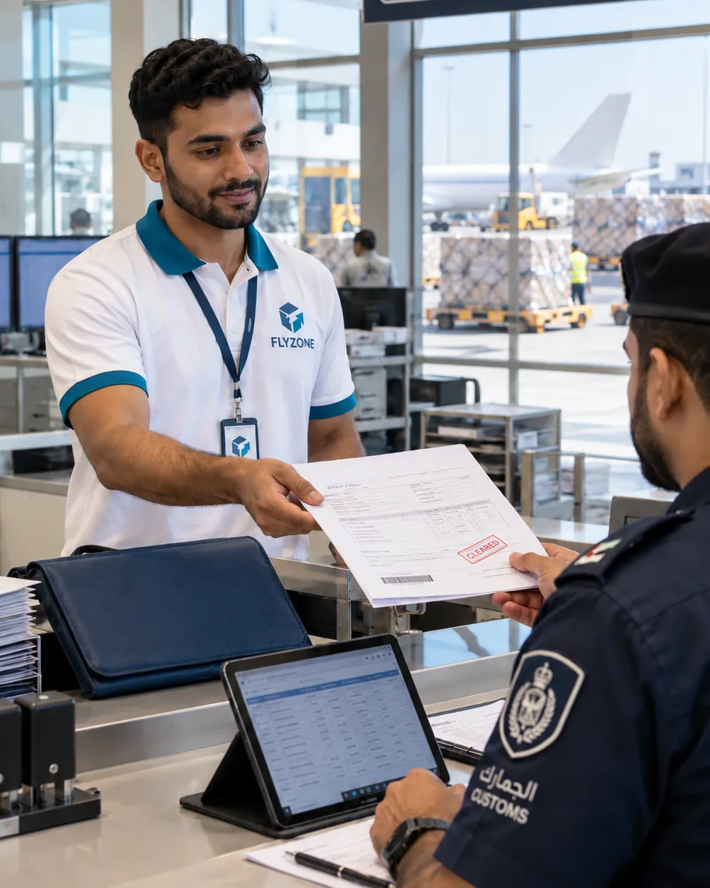 Flyzone agent handing a customs declaration across the counter