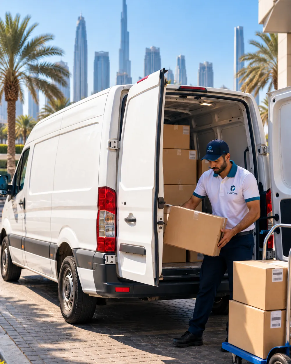 A van being unloaded for a door-to-door delivery