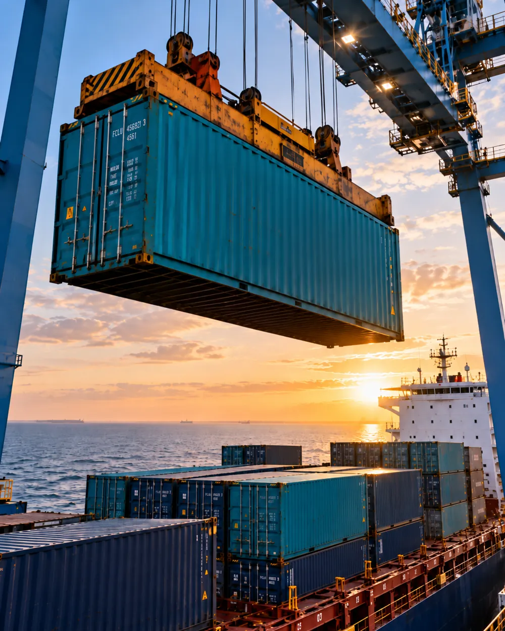 A gantry crane lowering a container onto a ship